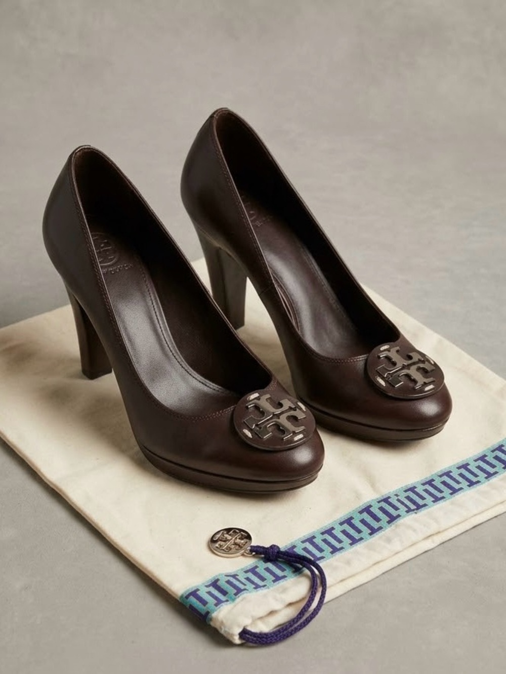 Tory Burch "Betty" Chocolate Brown Leather Medallion Pumps